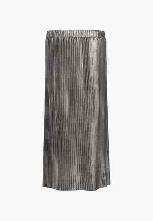 Metaliczna plisowana spódnica z elastycznym pasem; ma swobodny krój w lśniącej srebrnej tkaninie, ukazując pionową fakturę.