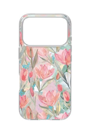 Klar telefonetui med et akvarelstil pink tulipanmønster og grønne blade på en pastelfarvet baggrund.