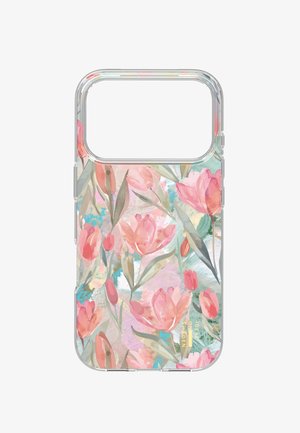 Klar telefonetui med et akvarelstil pink tulipanmønster og grønne blade på en pastelfarvet baggrund.