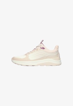 Light beige and white sneaker with textured fabric, lace-up front, pink pull tab and eyelet, and thick cushioned sole shown in side profile.