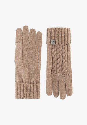 Knit gloves in a soft beige color with a ribbed cuff and cable knit pattern on one, featuring five fingers and a thumb opening.