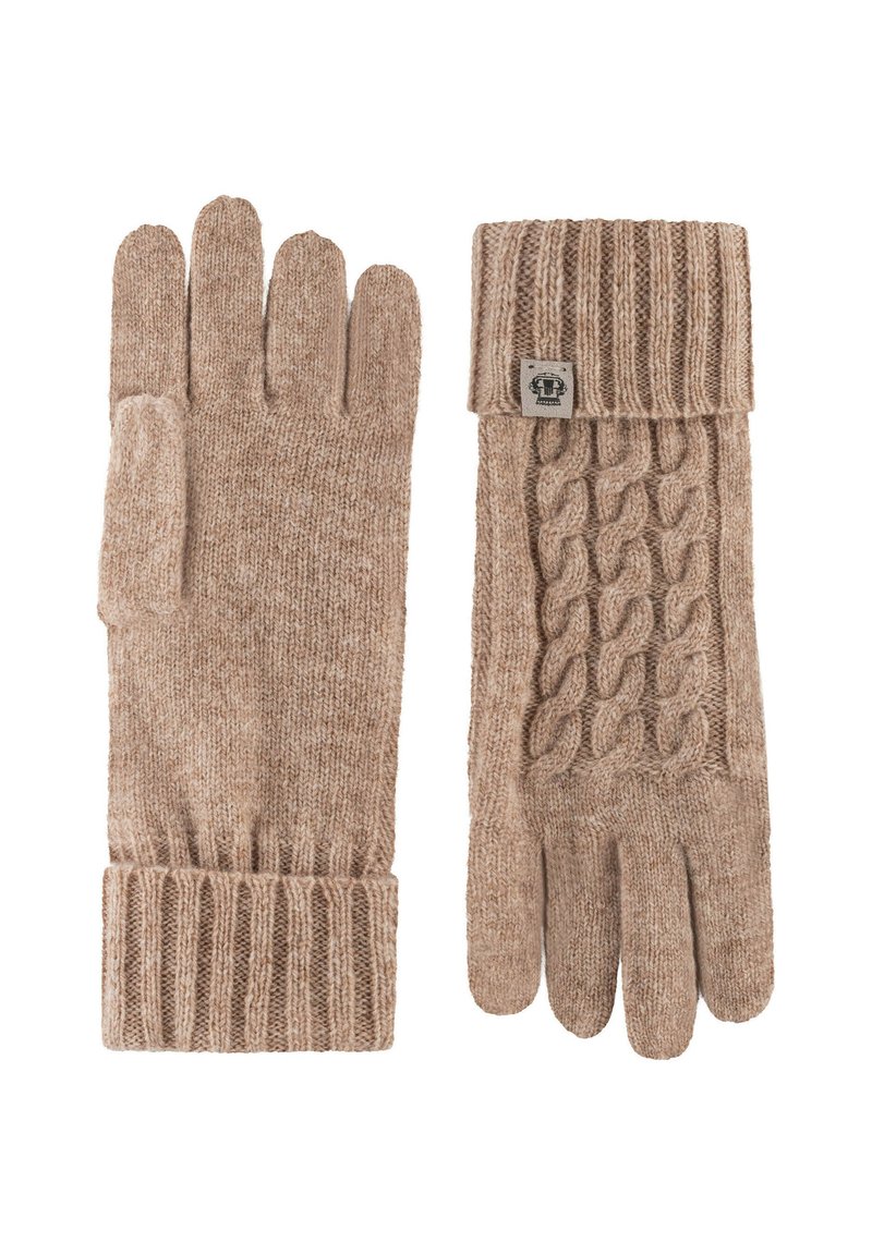 Strickhandschuhe in einem sanften Beigeton mit einem gerippten Bündchen und einem Zopfmuster auf einer Seite, ausgestattet mit fünf Fingern und einer Daumenöffnung.