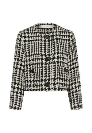 Black and white cropped jacket with a houndstooth pattern, made from textured fabric, featuring four black buttons and a round neckline.