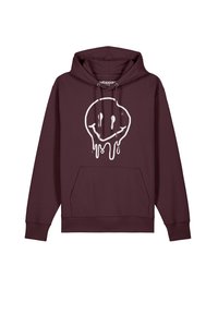 Bordeaux hoodie met een witte, druipende glimlachende gezicht print, frontzak, verstelbare trekkoordkap, en ribgebreide manchetten en zoom.