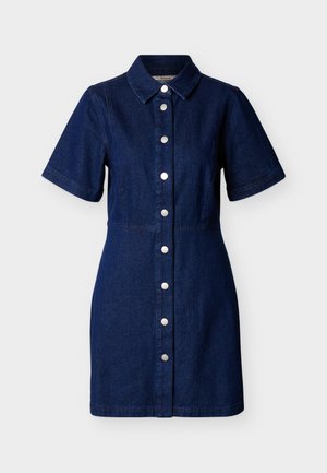 Sötét farmeranyagú ruha rövid ujjakkal, galléros nyakkivágással és elöl fémből készült gombokkal záródik. Klasszikus A-vonalú szabás.