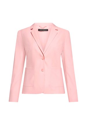 Women's light pink tailored blazer with notch lapels, two front buttons, and two patch pockets, displayed on a white background.