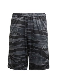 Svart och grå camouflage idrottsshorts i lätt material, med en elastisk midja och subtila texturerade detaljer.