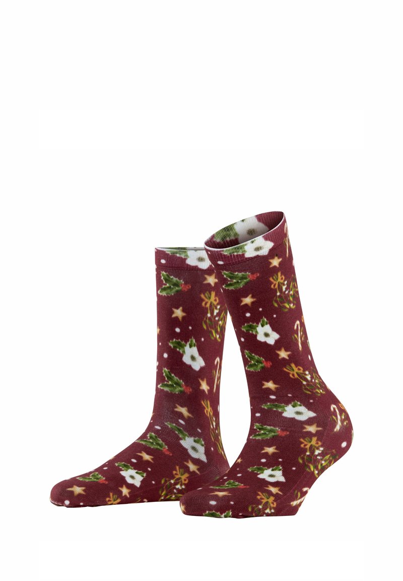 Calzini bordeaux con un motivo floreale e festivo, caratterizzati da fiori bianchi, foglie verdi, accenti rossi e stelle dorate.