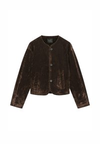 Brun fløjlsjakke med rund halsudskæring, lange ærmer, lukning med fire knapper og to forlommer. Blød tekstur med en subtil glans.