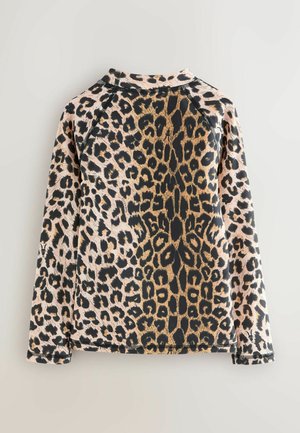 Bluza cu mâneci lungi în imprimeu leopard, având un amestec de culori bej, negru și auriu, cu cusături plate și decolteu rotund.
