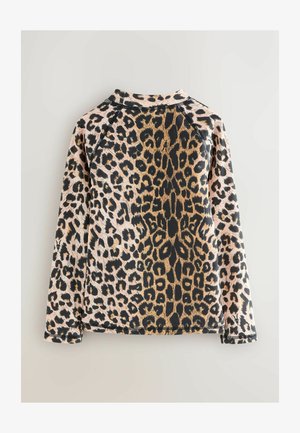 Haut à manches longues imprimé léopard, avec un mélange de couleurs beige, noir et or, doté de coutures plates et d'un col rond.