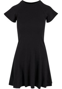 Robe noire ajustée à manches courtes avec un col rond et une jupe évasée.