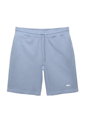 Light blue cotton shorts with an elastic waistband, drawstring, and front pockets. Features a white logo printed on the lower left side.
