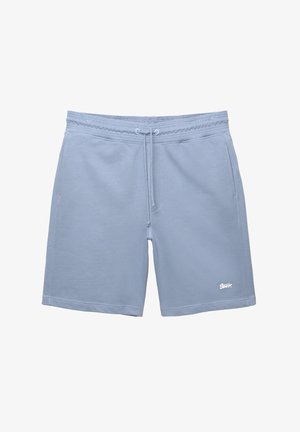 Șorturi din bumbac de culoare albastră deschisă, cu talie elastică, șnur și buzunare frontale. Prezintă un logo alb imprimat în partea stângă jos.