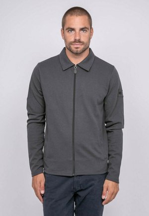 Homme aux cheveux courts et à la barbe portant une veste grise zippée avec col, debout devant un fond uni gris clair.