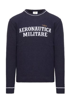 Maglione a maglia blu navy con bordo bianco su colletto e polsini, caratterizzato da testo "AERONAUTICA MILITARE" e un piccolo emblema dorato sul petto.