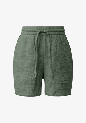 Weich strukturierte olivgrüne Shorts mit elastischem Bund und vorderem Tunnelzug, für den Freizeitgebrauch konzipiert.