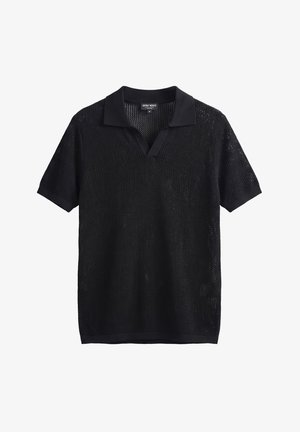 Polo negro de manga corta de punto con cuello abierto y tejido texturizado, etiquetado como talla mediana de la marca Antony Morato.