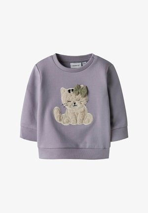 Lila sweatshirt met een zachte kattenborduring met een haarband. Lange mouwen, geribbelde manchetten en een ronde halslijn. Casual ontwerp.