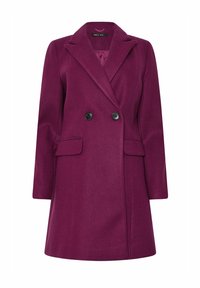 Cappotto doppiopetto in un ricco colore prugna, realizzato in misto lana. Presenta un colletto a revers, due tasche frontali e bottoni neri rotondi.