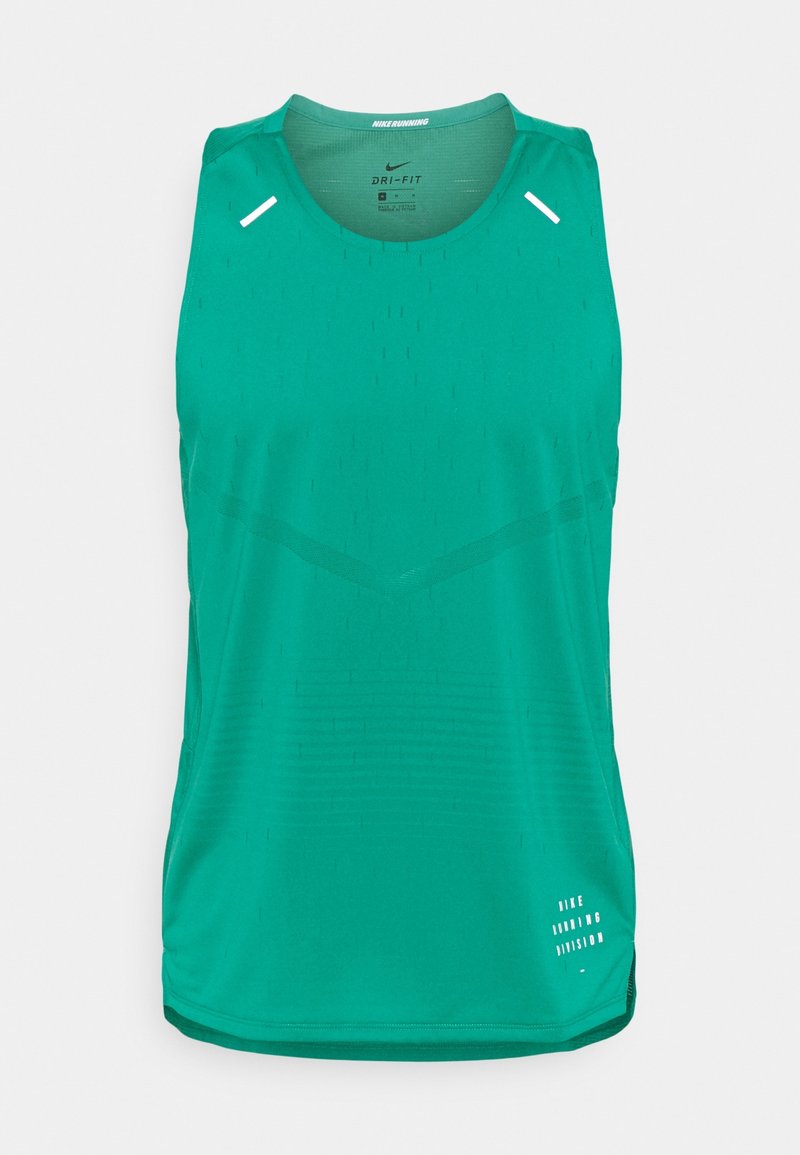 Débardeur de course vert sans manches Nike Dri-FIT avec détails réfléchissants et texte "Nike Running Division" en bas à l'avant côté droit.