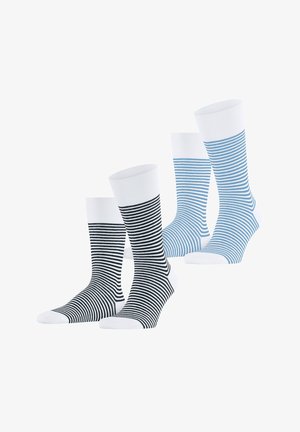 Zwei Paar Sportsocken, eines mit schwarz-weißen Streifen, das andere mit blau-weißen Streifen, beide mit weißen Bündchen, Zehen- und Fersenbereichen.