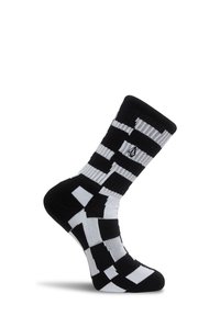 Chaussette montante noire et blanche avec un motif géométrique audacieux et un petit logo sur le côté, affichée sur fond blanc.