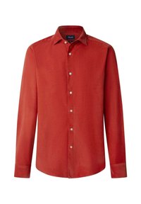 Rotes Langarmhemd aus weichem Stoff, mit einem Button-Down-Kragen, einer Frontknopfleiste und Ein-Knopf-Manschetten.