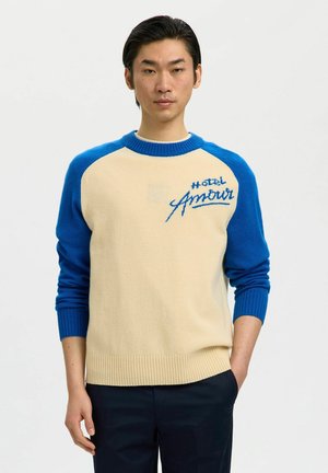 Homme portant un pull beige et bleu avec le texte « Hotel Amour » sur la poitrine, debout devant un fond blanc uni.