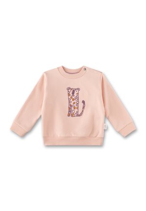 Pink long-sleeve baby sweatshirt with a purple and orange spotted cartoon leopard design and a snap button near the neckline.