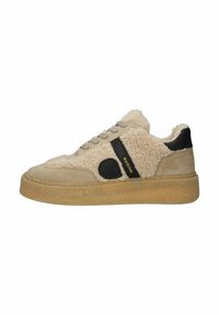 Beige sneaker with brown shearling upper, black leather accent, round toe, flat rubber sole, and lace-up front. Gold branding detail on side.