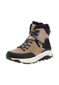 Helle und schwarze Wanderschuhe mit einem robusten Design, aus Mesh- und Wildledermaterial, Akzent-Schnürsenkeln, gepolsterter Sohle und strukturiertem Gummi-Außensohle für besseren Halt.