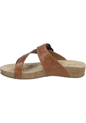 Sandale marron en cuir à enfiler avec semelle compensée en liège et deux larges brides superposées sur le dessus, design à bout ouvert.