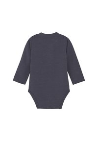 Långärmad bodysuit i mörkgrått tyg, med rund hals, åtsittande passform och tryckknappar i botten för enkel påklädning.
