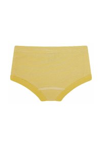 Gelbe gestreifte Hipster-Unterhosen aus weichem Baumwollstoff, mit elastischem Bund und einem Designs, das vollständige Abdeckung bietet.
