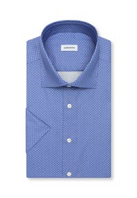 Chemise bleue à manches courtes avec petit motif floral blanc, col italien, trois boutons blancs et étiquette de la marque à l'intérieur du col.