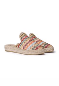 Scarpe slip-on in pizzo intrecciato con un motivo a righe multicolore in rosso, blu, giallo e beige, con una suola in juta naturale.