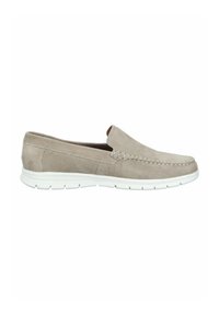 Beige suede slip-on loafer with white rubber sole and stitching detail along the top and sides, shown in side profile.