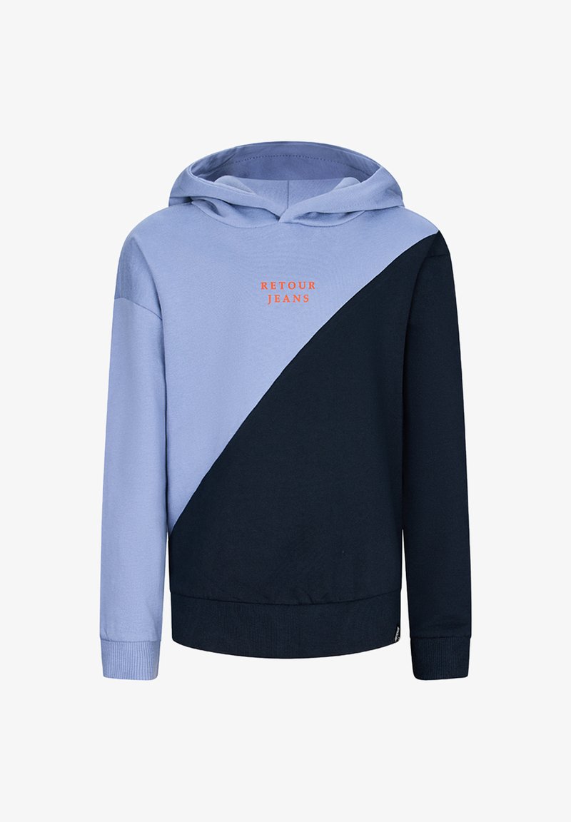 Kapuzensweatshirt mit diagonalen Farbbalken in Hellblau und Marineblau und orangefarbenem "RETOUR JEANS"-Text auf der Brust.