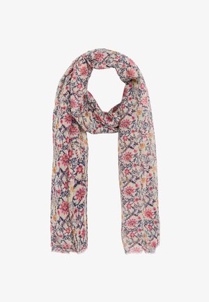 Écharpe beige clair avec un motif floral rose, jaune et bleu marine, pliée lâchement avec des bords à franges.