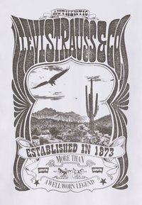 Balta marškinėliai su juodu grafiniu atvaizdu, kuriame pavaizduotas erelis, kaktusai, kalnai ir tekstas "Įsteigta 1873" bei "Levi Strauss & Co."
