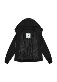 Black hooded jacket with open front zipper, elastic cuffs, and smooth patterned inner lining, laid flat showing inside label.