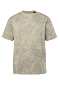 Beige t-shirt med korte ærmer lavet af blødt bomuld. Har et struktureret, spottet mønster hele vejen igennem og en klassisk rund hals.