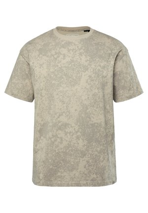 Beige T-Shirt mit kurzen Ärmeln aus weicher Baumwolle. Verfügt über ein strukturiertes, gesprenkeltes Muster und einen klassischen Rundhalsausschnitt.