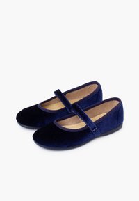 Zapatos Mary Jane de terciopelo azul marino con suela plana, punta redondeada y una correa a juego sobre el empeine, que presentan un suave forro interior.