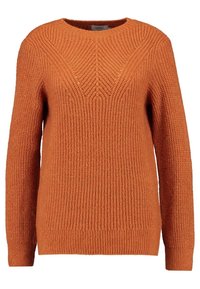 Pull en tricot orange avec un col rond, des manches longues, un design texturé et des finitions côtelées aux poignets et à l'ourlet.