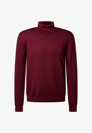 Burgunderfarbener Rollkragenpullover aus weichem Stoff; lange Ärmel; gerippte Bündchen und Saum; glatte Textur; minimale Markenkennzeichnung an der Unterseite.