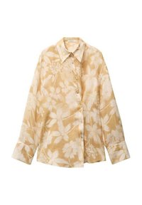 Camicia a maniche lunghe con bottoni, realizzata in tessuto leggero e a fantasia, di un morbido giallo con disegni floreali bianchi, presenta un colletto classico.
