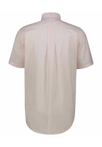 Camicia a maniche corte, con bottoni, di colore rosa chiaro con un motivo a quadretti delicato, dotata di una yoke posteriore dritta e di una vestibilità morbida.