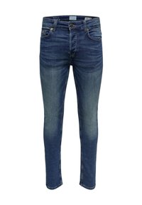 Slim-fit denim jeans in dark blue with faded accents, five pockets, and a button closure. The fabric is textured and durable.